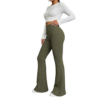 Womens Pants Ribbed Knit Bell Bottom Pants Elastic Waist Casual Pants