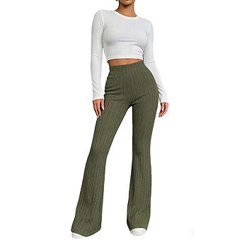 Womens Pants Ribbed Knit Bell Bottom Pants Elastic Waist Casual Pants