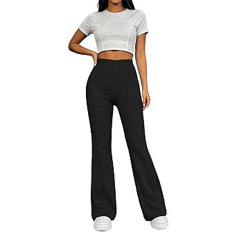 Womens Pants Ribbed Knit Bell Bottom Pants Elastic Waist Casual Pants