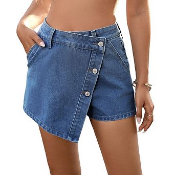 Jean Skorts For Women High Waisted Stretchy Button Asymmetric Hem Summer Trendy Short With Pockets