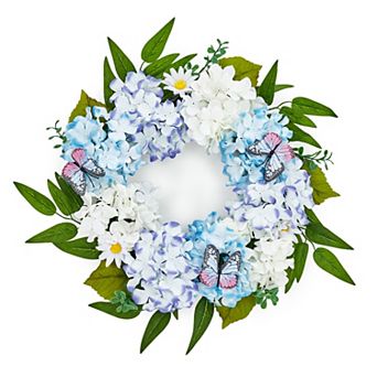 20" Blue White Hydrangea Wreath for Front Door Spring
