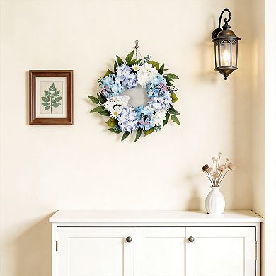 20" Blue White Hydrangea Wreath for Front Door Spring