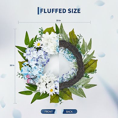 20" Blue White Hydrangea Wreath for Front Door Spring