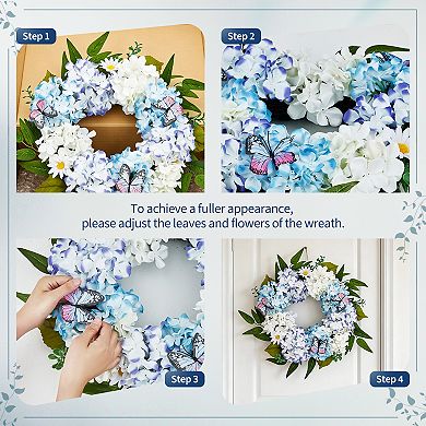 20" Blue White Hydrangea Wreath for Front Door Spring