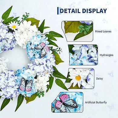 20" Blue White Hydrangea Wreath for Front Door Spring