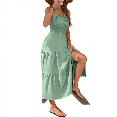 Women's Spaghetti Strap Tiered Dress Slim Waist Solid Shirred Slit Maxi Dress