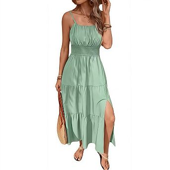 Women's Spaghetti Strap Tiered Dress Slim Waist Solid Shirred Slit Maxi Dress