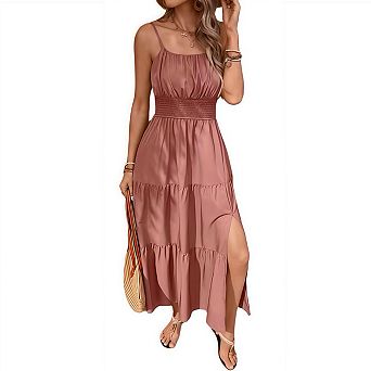 Women's Spaghetti Strap Tiered Dress Slim Waist Solid Shirred Slit Maxi Dress