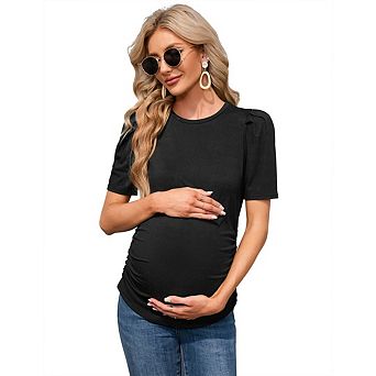 Women's Maternity Summer Shirts Crew Neck Short Sleeve Casual Tee Side Ruched Pregnancy Clothes