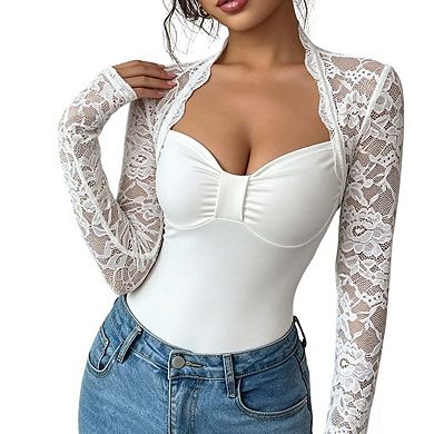 Womens Mock Neck Long Sleeve Lace Top Slim Fit Elegant Casual Blouse