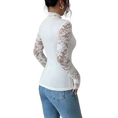 Womens Mock Neck Long Sleeve Lace Top Slim Fit Elegant Casual Blouse