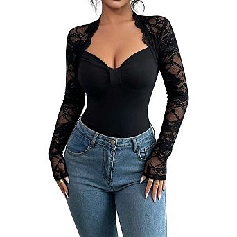 Womens Mock Neck Long Sleeve Lace Top Slim Fit Elegant Casual Blouse