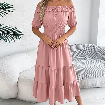 casual off the shoulder midi dress Women's Casual & Date Contrast Color Asymmetric Shoulder Midi Dress, Spring/Summer