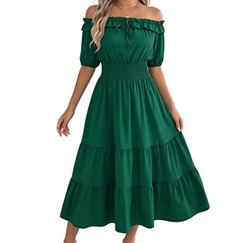 Women's Off Shoulder Ruffle Midi Dress Short Sleeve Smocked Waist Tiered Casual Summer Dresses