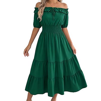 off the shoulder dress casual midi Women's Off-Shoulder Casual Midi Dress with Pockets