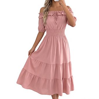 Women's Off Shoulder Ruffle Midi Dress Short Sleeve Smocked Waist Tiered Casual Summer Dresses