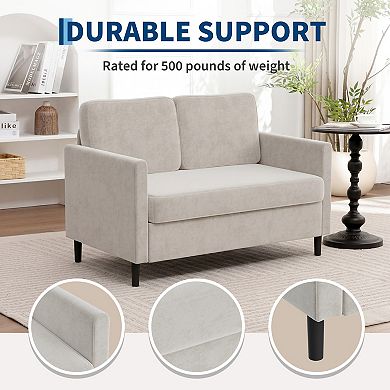 Compact Loveseat Sofa, Soft Linen Upholstered Couch with Wooden Frame for Living Room and Apartment