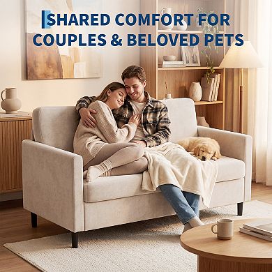 Compact Loveseat Sofa, Soft Linen Upholstered Couch with Wooden Frame for Living Room and Apartment