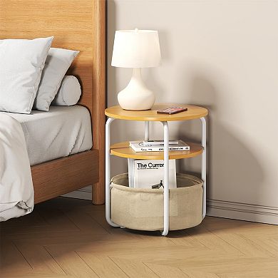 Modern 3-Tier Round Desk with Storage Basket, Space-Saving, Iron Frame