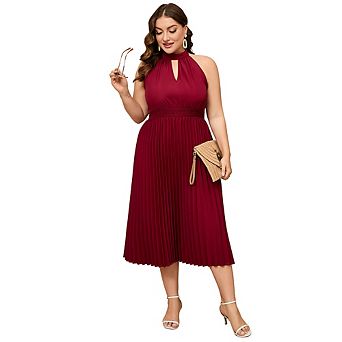 Plus Size Halter Neck Midi Dress,Cutout Smocked Waist Pleated Sleeveless A Line Casual Party Dresses