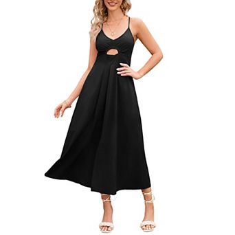 Womens Spaghetti Strap Summer Midi Dress V Neck Cutout Casual Casual Beach Dress with Pockets