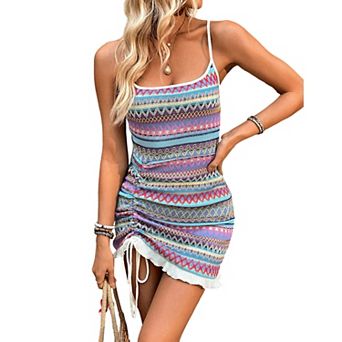 Womens Boho Knit Cami Mini Dress Drawstring Backless Bodycon Casual Summer Beach Sundress Dress