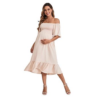 Womens Chiffon Maternity Midi Dress Off Shoulder Ruffle Tiered Summer Dress Baby Shower Photoshoot