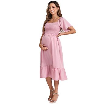 Womens Chiffon Maternity Midi Dress Off Shoulder Ruffle Tiered Summer Dress Baby Shower Photoshoot