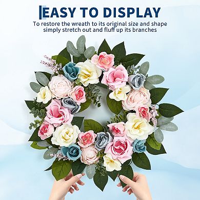 20" Pink Rose Spring Wreath for Front Door, Colorful Florals with Eucalyptus