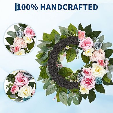 20" Pink Rose Spring Wreath for Front Door, Colorful Florals with Eucalyptus