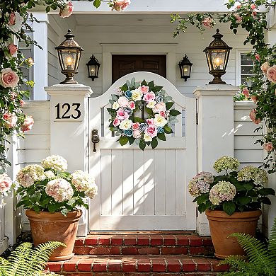 20" Pink Rose Spring Wreath for Front Door, Colorful Florals with Eucalyptus