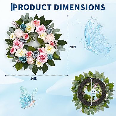 20" Pink Rose Spring Wreath for Front Door, Colorful Florals with Eucalyptus