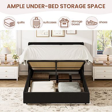 Lift Up Storage Bed Frame Corduroy Upholstered Platform Bed with Gas Lift, Padded Headboard