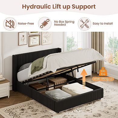 Lift Up Storage Bed Frame Corduroy Upholstered Platform Bed with Gas Lift, Padded Headboard