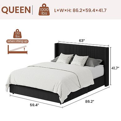 Lift Up Storage Bed Frame Corduroy Upholstered Platform Bed with Gas Lift, Padded Headboard