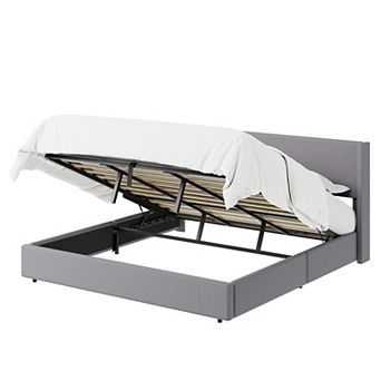 Lift Up Storage Bed Frame Corduroy Upholstered Platform Bed with Gas Lift, Padded Headboard