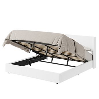 Lift Up Storage Bed Frame Corduroy Upholstered Platform Bed with Gas Lift, Padded Headboard