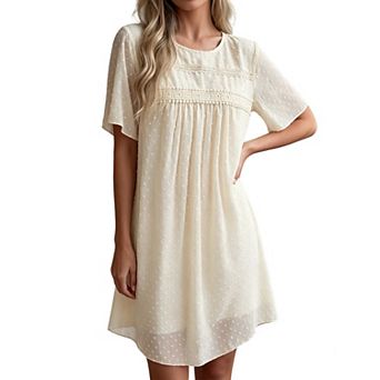 Women's Swiss Dot Shift Dress Short Sleeve Round Neck Loose Fit Casual Summer Tunic Dresses