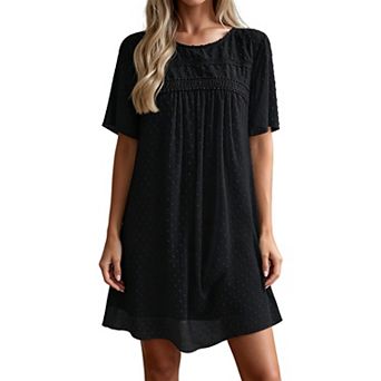 Women's Swiss Dot Shift Dress Short Sleeve Round Neck Loose Fit Casual Summer Tunic Dresses