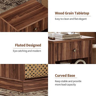 Mid-Century Modern Fluted Bedside Table with Drawer Natural Oak MDF Wood, Single Drawer
