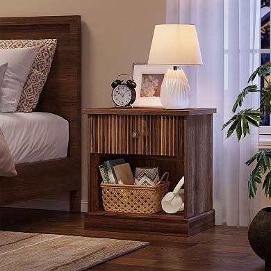 Mid-Century Modern Fluted Bedside Table with Drawer Natural Oak MDF Wood, Single Drawer