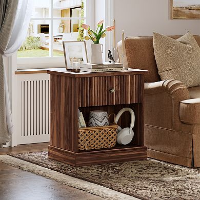 Mid-Century Modern Fluted Bedside Table with Drawer Natural Oak MDF Wood, Single Drawer