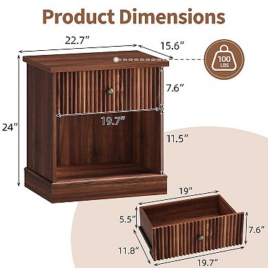 Mid-Century Modern Fluted Bedside Table with Drawer Natural Oak MDF Wood, Single Drawer