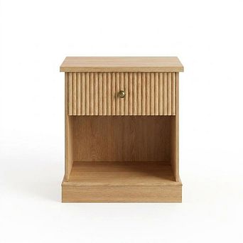 Mid-Century Modern Fluted Bedside Table with Drawer Natural Oak MDF Wood, Single Drawer
