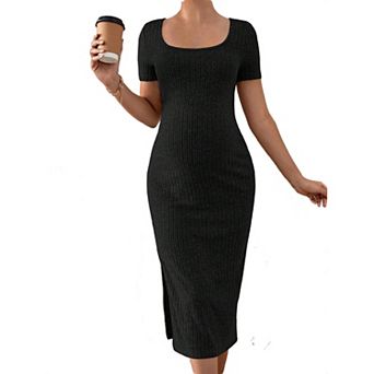 Women's Ribbed Knit Midi Dress, Short Sleeve Bodycon Maternity Dress with Side Slit Loungewear
