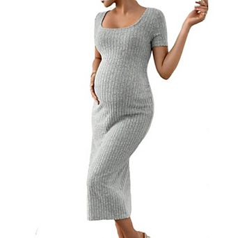 Women's Ribbed Knit Midi Dress, Short Sleeve Bodycon Maternity Dress with Side Slit Loungewear