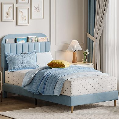 Bed Frame with Upholstered Storage Headboard & Bookshelf, Velvet Platform Mattress Foundation