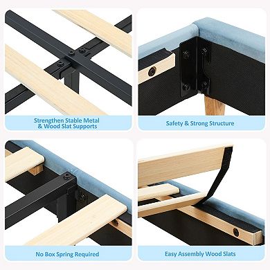 Bed Frame with Upholstered Storage Headboard & Bookshelf, Velvet Platform Mattress Foundation