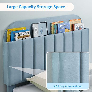 Bed Frame with Upholstered Storage Headboard & Bookshelf, Velvet Platform Mattress Foundation