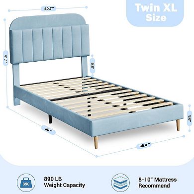 Bed Frame with Upholstered Storage Headboard & Bookshelf, Velvet Platform Mattress Foundation
